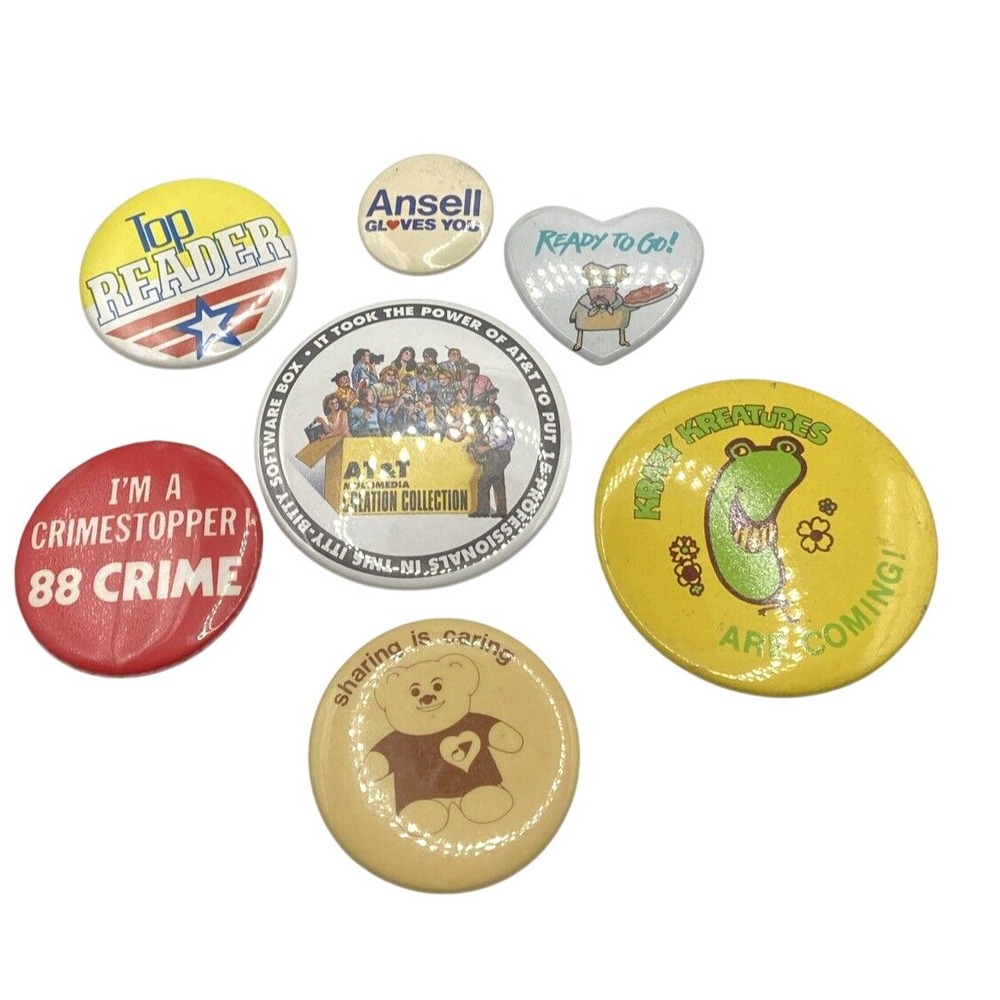 Vintage Lot of 7 Pin Back Button Advertising Top Reader Sharing is Caring Ansell